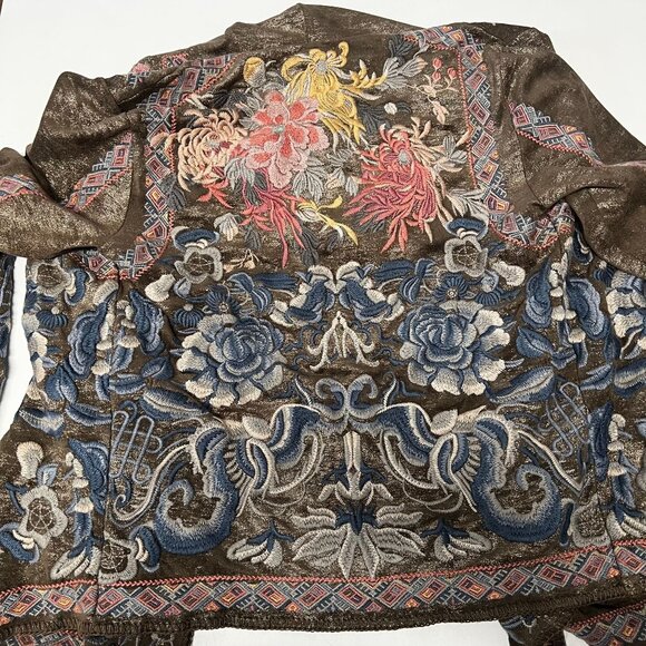 Pre owned Johnny Was BIYA Srika Khaki Green Shimmer Sueded Embroidered Hoodie - Picture 6 of 16